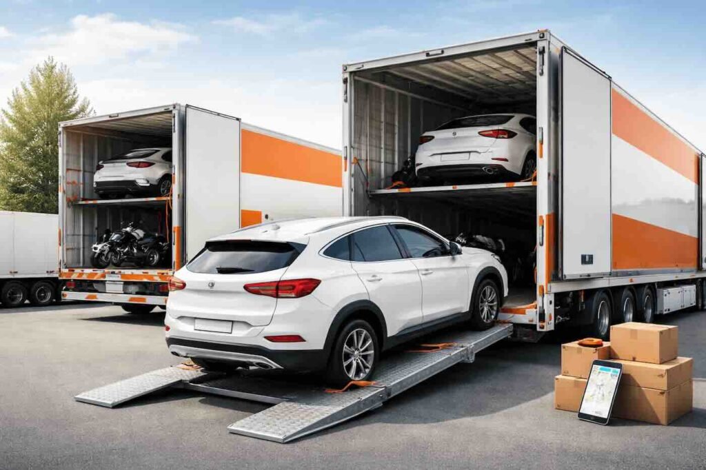 Professional car and bike transport service with secure vehicle loading by packers and movers in India